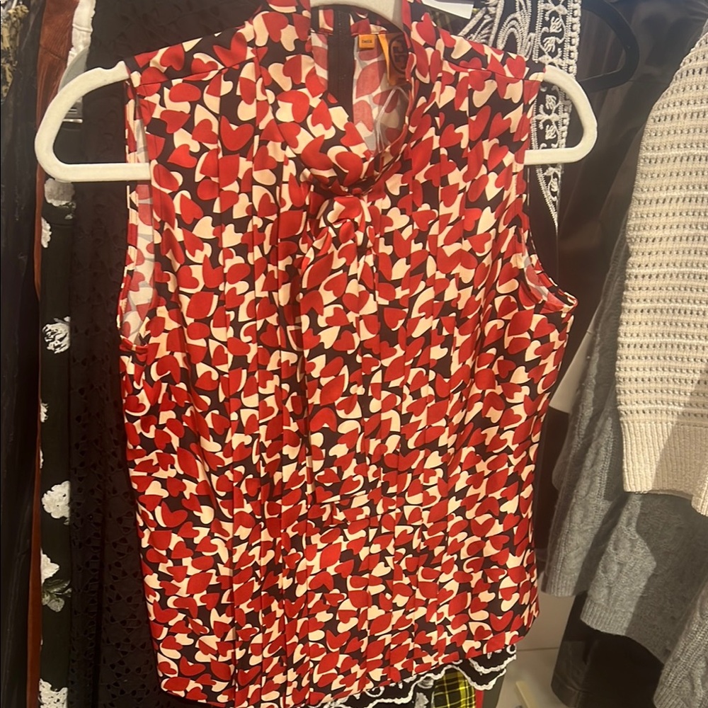 Tory Burch Red and Cream Sleeveless Tie-Neck Blouse